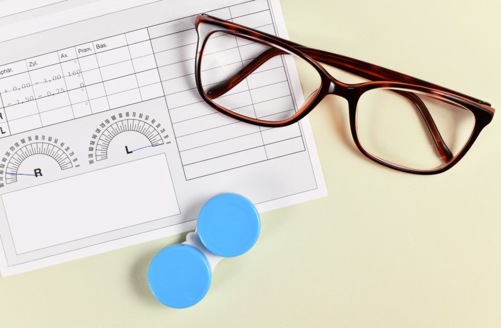 Glasses and contact lens prescription displayed with a pair of glasses and contact lens case